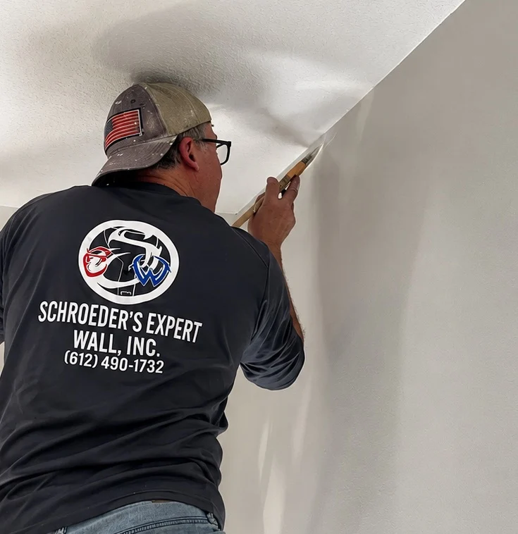A Schroeder's Expert Wall painter hand-finishing a clean paint line at the ceiling edge